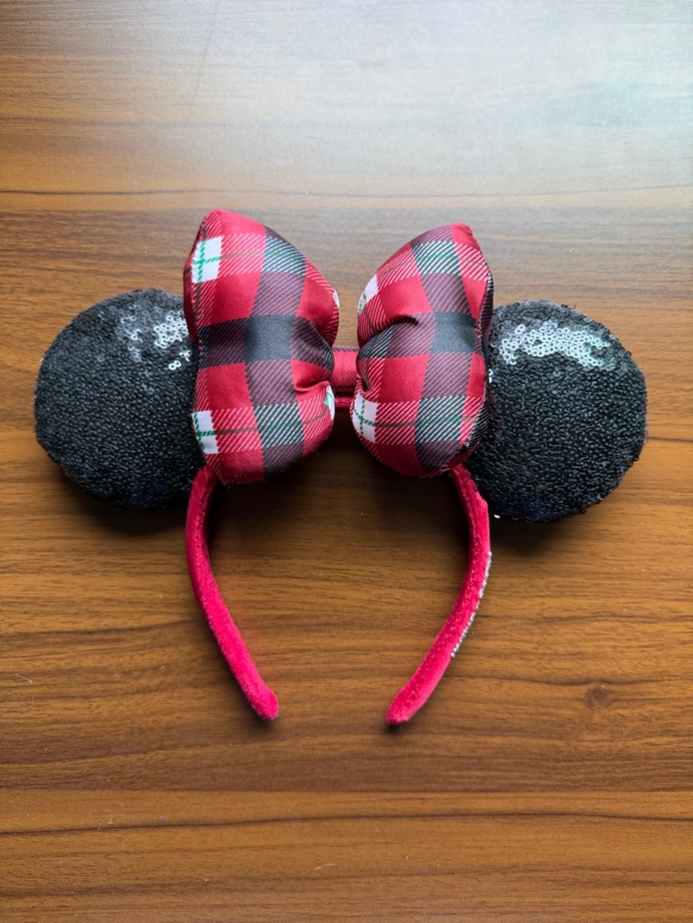 Disney Parks Minnie Ears Red Plaid Puffy Bow Merry & Bright Christmas Headband
